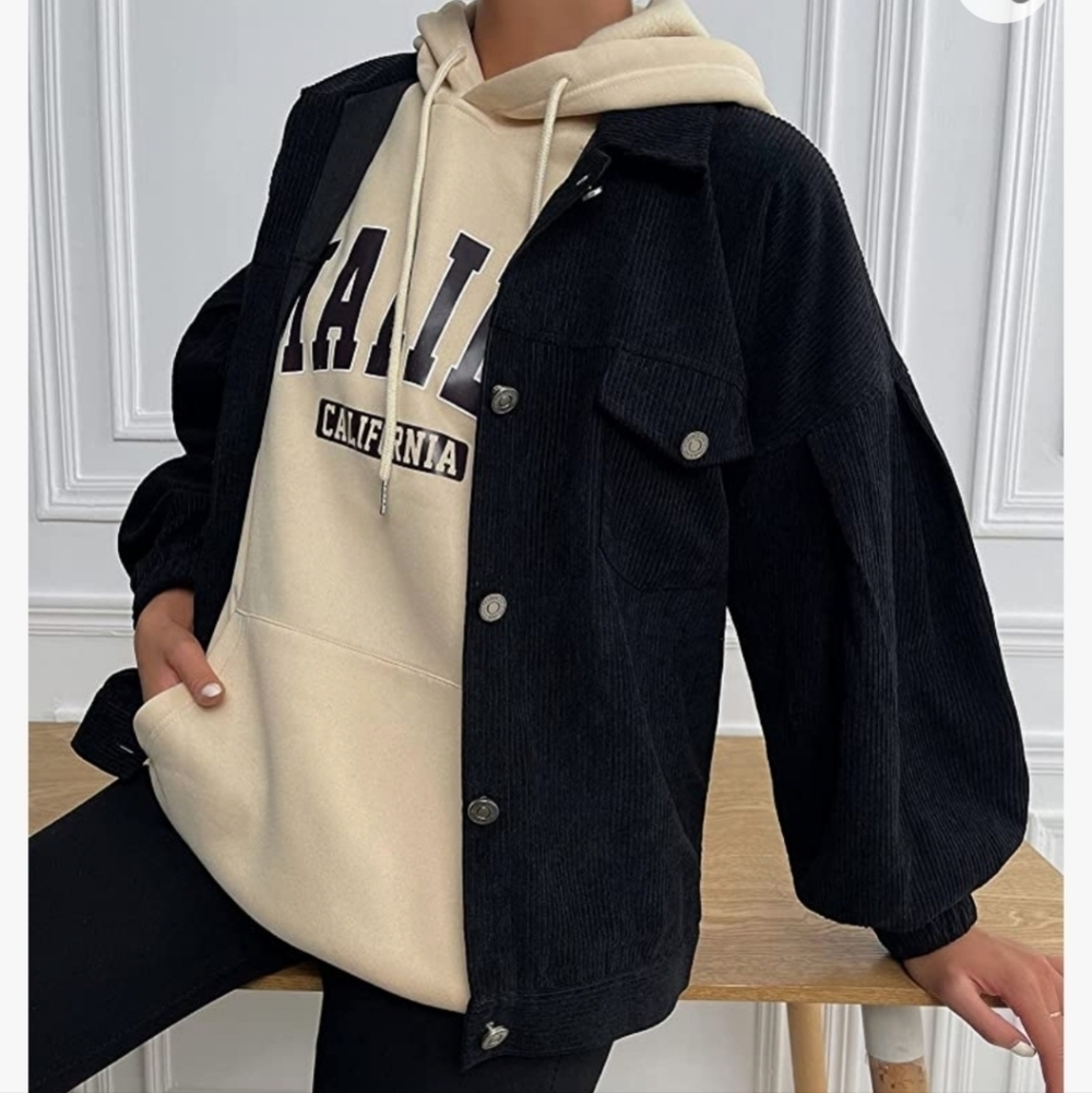 NWOT black pleated balloon sleeve ribbed corduroy oversized shirt jacket - Picture 4 of 9